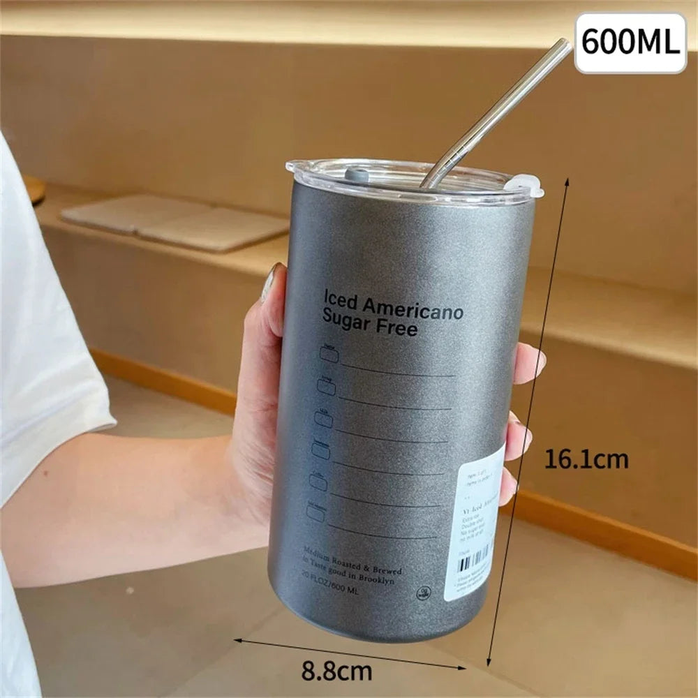 Portable 600ml Thermos Cup 304 Stainless Steel Coffee Mug Thermal Leak-proof Water Bottle with Straw Insulated Bottle Drinkware Quick Pick Grocers