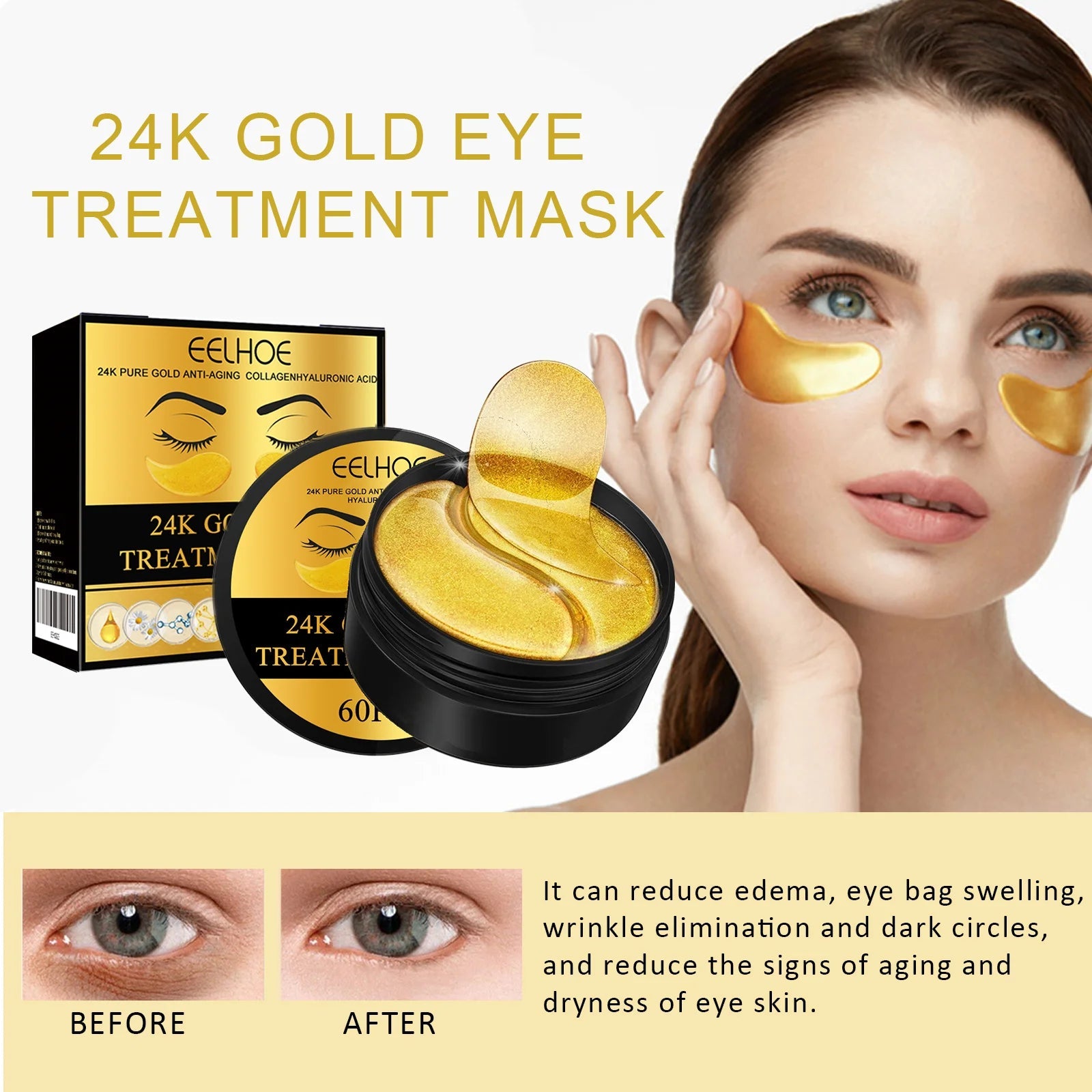 24k Gold Under Eye Patches Pure Gold Anti-Aging Under Eye Mask Removal Eyebags Moisturizing Firming Eye Patches Anti Dark 60pcs Quick Pick Grocers