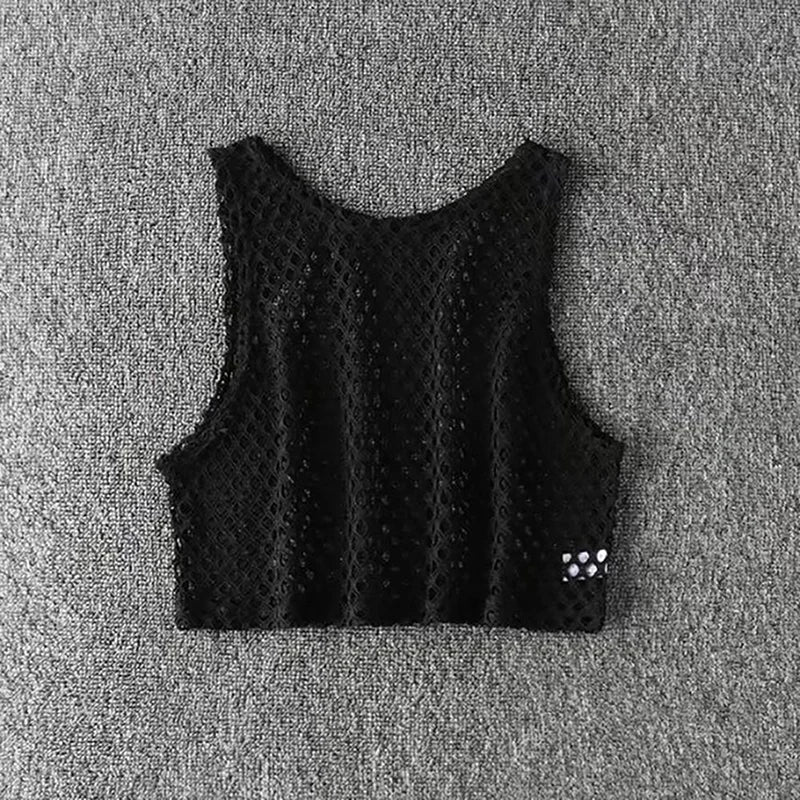 Sexy Black/Red Hollow Out Crop Top 2023 Mesh T-shirt Female Loose Fashion Summer Basic Tops For Women Fishnet Shirt Quick Pick Grocers