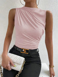 Women's Casual Mock Neck Ruched Tank Top Summer 2024 Solid Color Slim Fit Pleated Sleeveless T Shirt Tee Tshirt Streetwear Quick Pick Grocers
