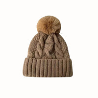 New Winter Twist Knitting Hat For Women Fur Pompom Thick Plush Cap Beanie Solid Color Ladies Warm Ski Snow Skullies Beanies Purest Peak