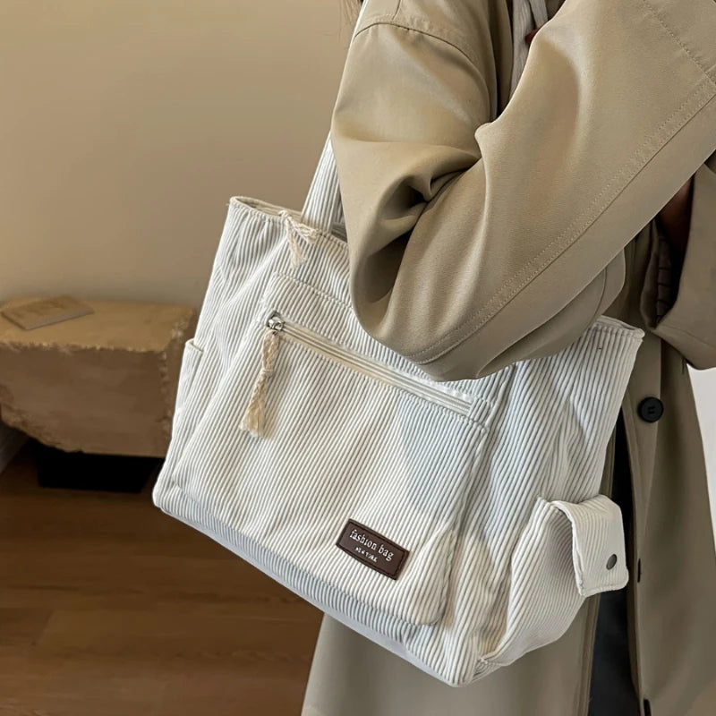 Simple Corduroy Tote Bag, Solid Color Shoulder Bag, Retro Multi Pockets Handbag For School Work Shopping Econic Blanks