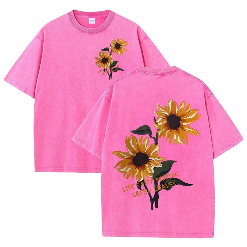 Lift Is Good Beautiful Sunflower Print Washed T Shirts Women Soft Cotton T-Shirt Street Creative Short Sleeve Summer Casual Tops Quick Pick Grocers