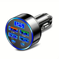 6-in-1 Fast Charging Car Adapter 3.1A Dual Type-C Digital Display Smartphones Tablets Power Banks Black Portable Charger Quick Pick Grocers