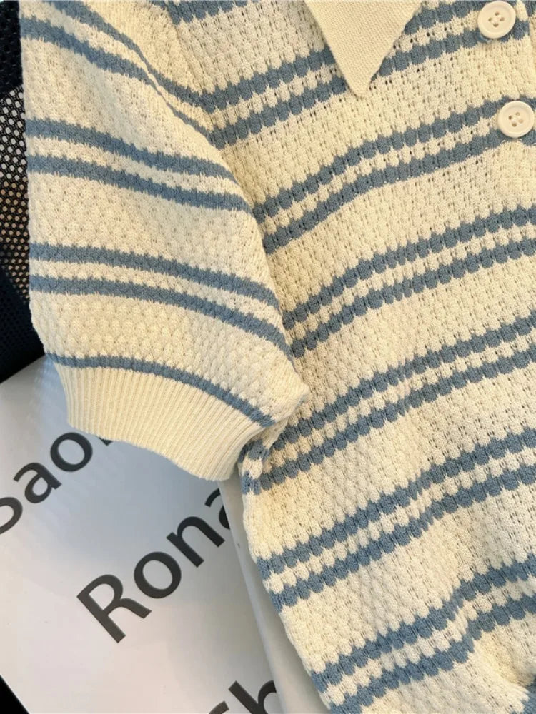 2025 Polo Neck New Womens Knitting T-Shirt Striped Short Sleeve Women T Shirt for Female Slim Tops Woman T Shirts Clothing S145 Quick Pick Grocers