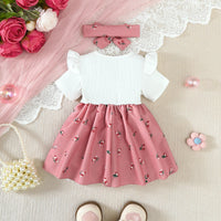 2Pcs/Set Baby girl Dress Small Floral Large bow Summer,Dress+Headband Set suitable for 0-24 Months Baby girls Fashionable Dress Quick Pick Grocers