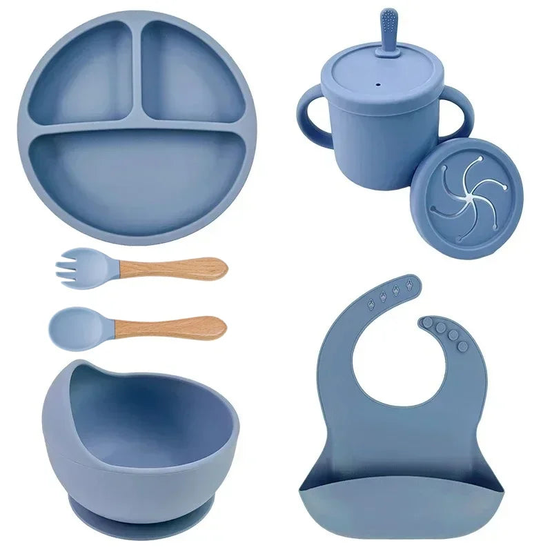 Food Grade Silicone Child Dish Set Baby Feeding Bowl Suction Plate Straw Cup Wooden Spoon Fork for Kids Tableware Toddler Dishes Purest Peak