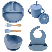 Food Grade Silicone Child Dish Set Baby Feeding Bowl Suction Plate Straw Cup Wooden Spoon Fork for Kids Tableware Toddler Dishes Purest Peak