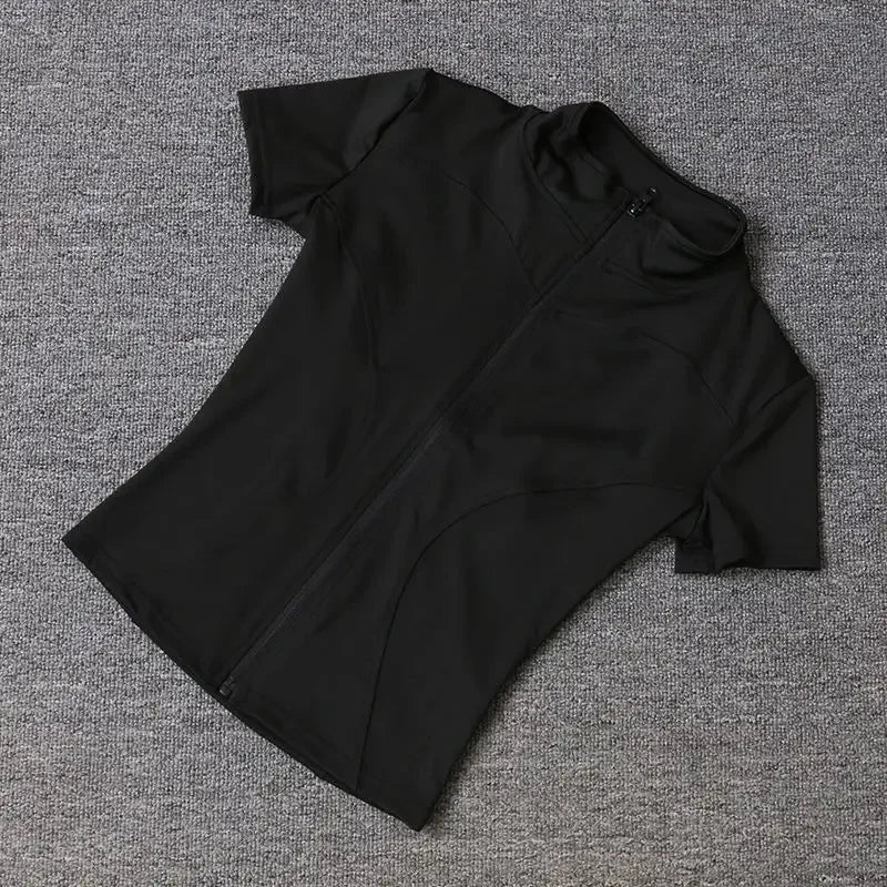Summer High Quality Waist Slimming Training Tops Women's Quick-drying Tight Stand Collar Full Zipper Short Sleeves Yoga shirts Quick Pick Grocers
