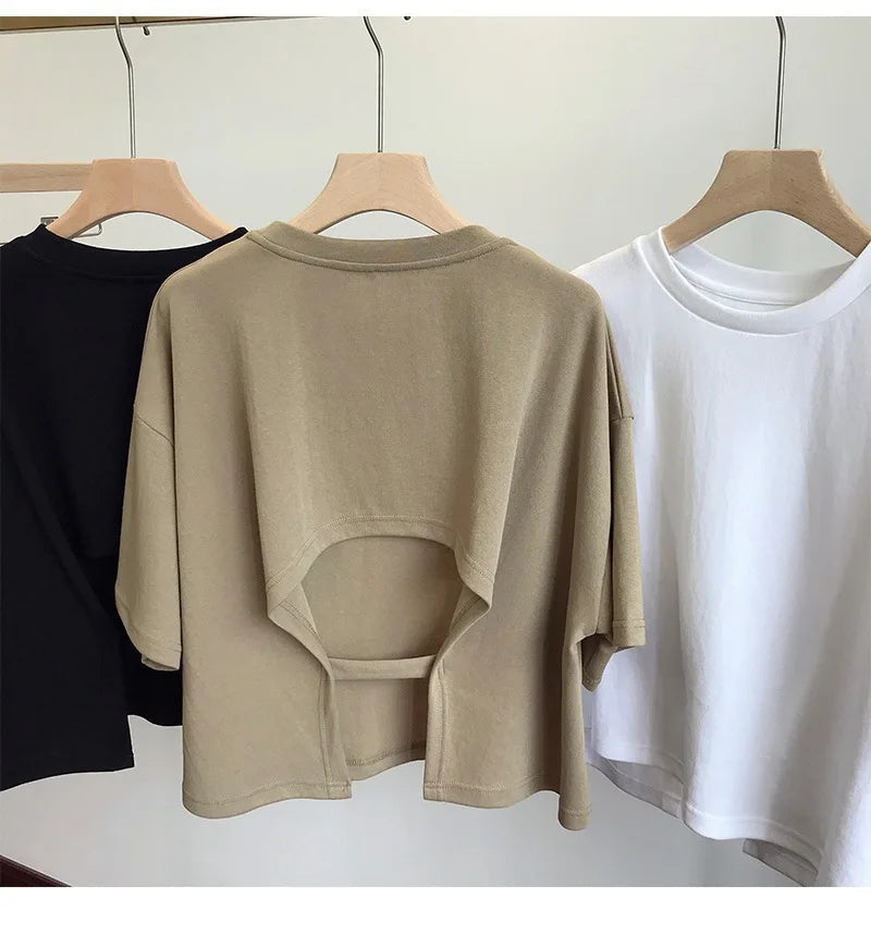 Summer New Ladies Casual Backless T-Shirt 2023 Korean Women Round Neck Loose Sweet Spicy Wind Short-Sleeved Crop Tops Quick Pick Grocers