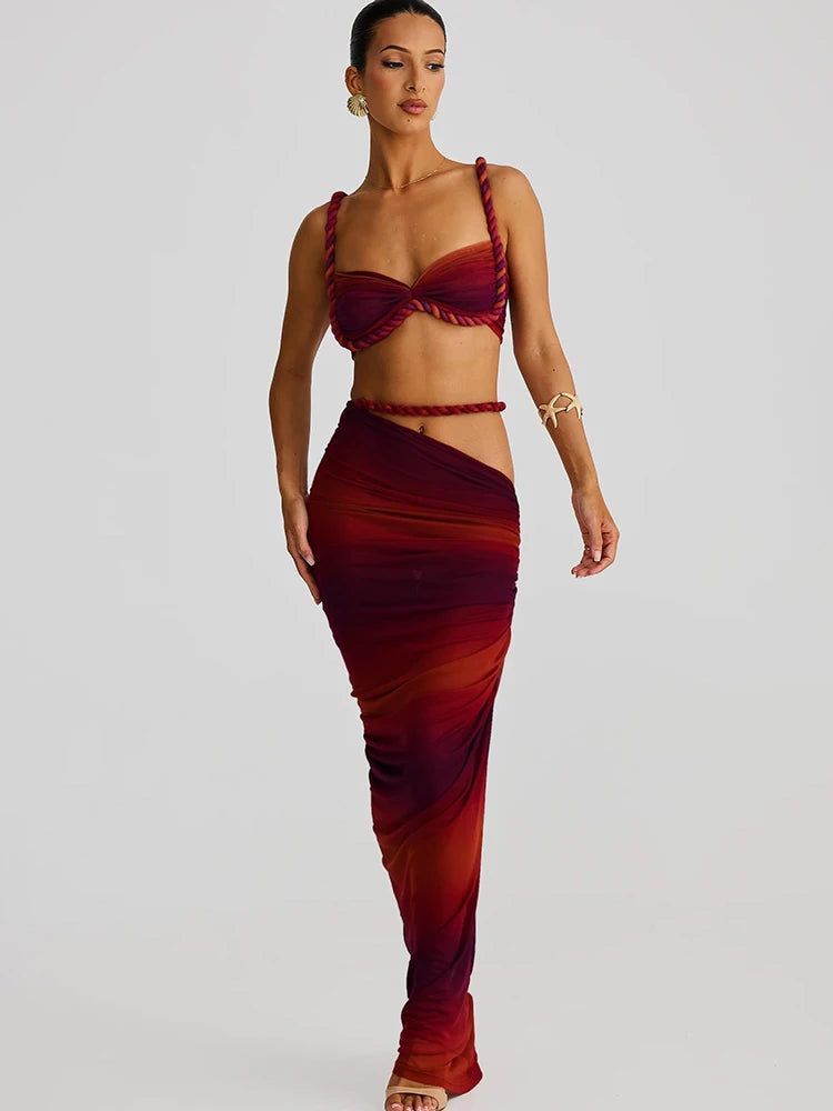 Cutenew Woven Matching Women 2 Piece Sexy Vacation Outfits Pleated Crop Camis+Shirring High Waist Maxi Skirts Solid Mujer Sets Quick Pick Grocers