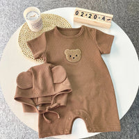 New In Summer Kids Baby Girls Boys Short Sleeve Waffle Patch Bear Infant Newborn Jumpsuits Cotton Romper Gift Hat with Ear Econic Blanks
