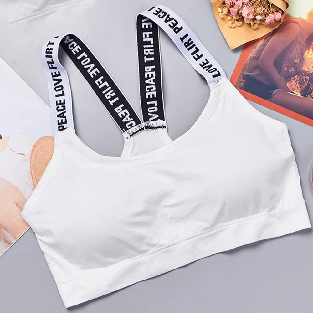 Sports Underwear Women Yoga Fitness Seamless Crop Top Wide Letter Straps Comfortable Workout Activewear Back Without Underwire I Quick Pick Grocers