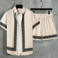 2024 New Men's Summer Holiday Suit Retro Textured Printed Border Shirt Short Sleeve Shorts Two Piece Men's Breathable Pool Suit Quick Pick Grocers