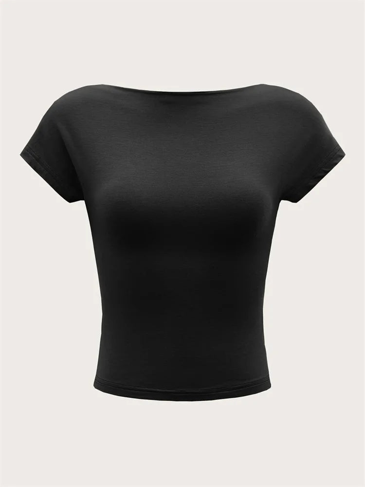 Women's O-neck Backless T-shirt Short Sleeve Solid Color Crop Top Summer Cute Baby Tee Y2K Clothes Bodycon Tunics Fashion Tank Quick Pick Grocers