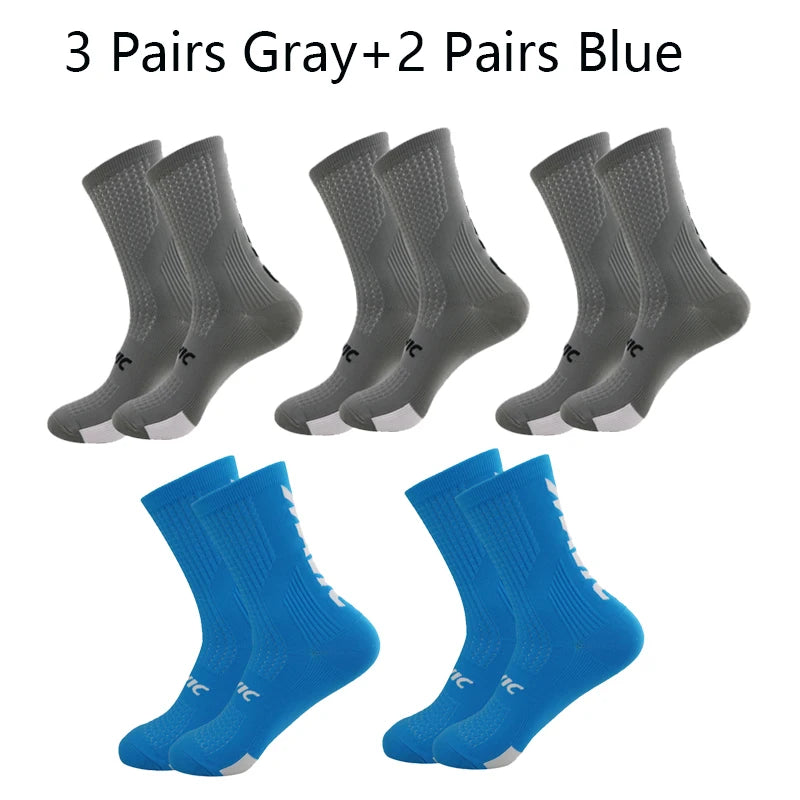 5 Pairs Cycling Socks Men Bicycle Sport Running Bike Socks Mid Tube Compression Outdoor Racing MTB Road Bike Socks Breathable Quick Pick Grocers