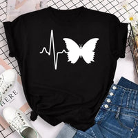 New Fashion Women T-shirt Colorful Butterfly Petal Print Short Sleeve and Round Neck Cute Graphic Tee Shirts Female Tops Clothin Quick Pick Grocers