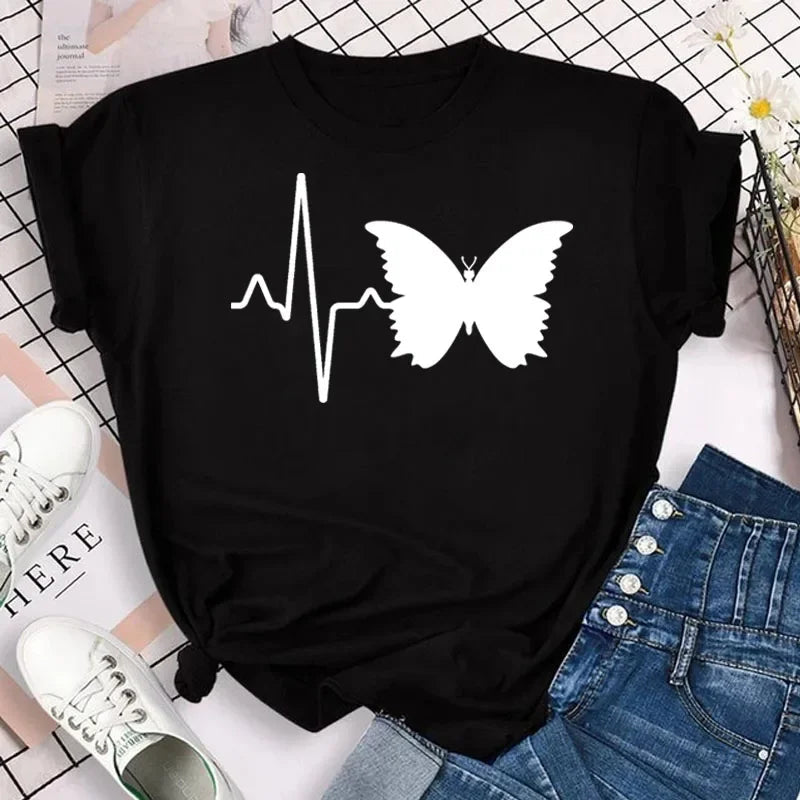 New Fashion Women T-shirt Colorful Butterfly Petal Print Short Sleeve and Round Neck Cute Graphic Tee Shirts Female Tops Clothin Quick Pick Grocers