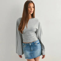 Women's Long Sleeve O-Neck Skinny T-Shirt Monochromatic Crop Top Casual Y2K Streetwear Fashion Pullover Summer Outfit Quick Pick Grocers