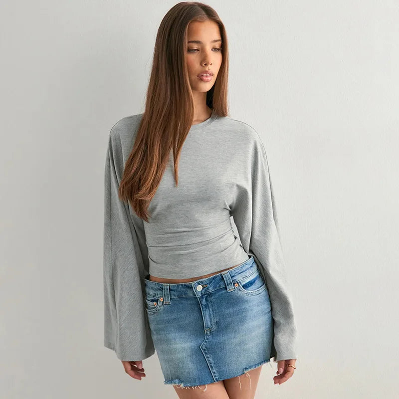 Women's Long Sleeve O-Neck Skinny T-Shirt Monochromatic Crop Top Casual Y2K Streetwear Fashion Pullover Summer Outfit Quick Pick Grocers