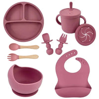 Food Grade Silicone Child Dish Set Baby Feeding Bowl Suction Plate Straw Cup Wooden Spoon Fork for Kids Tableware Toddler Dishes Purest Peak