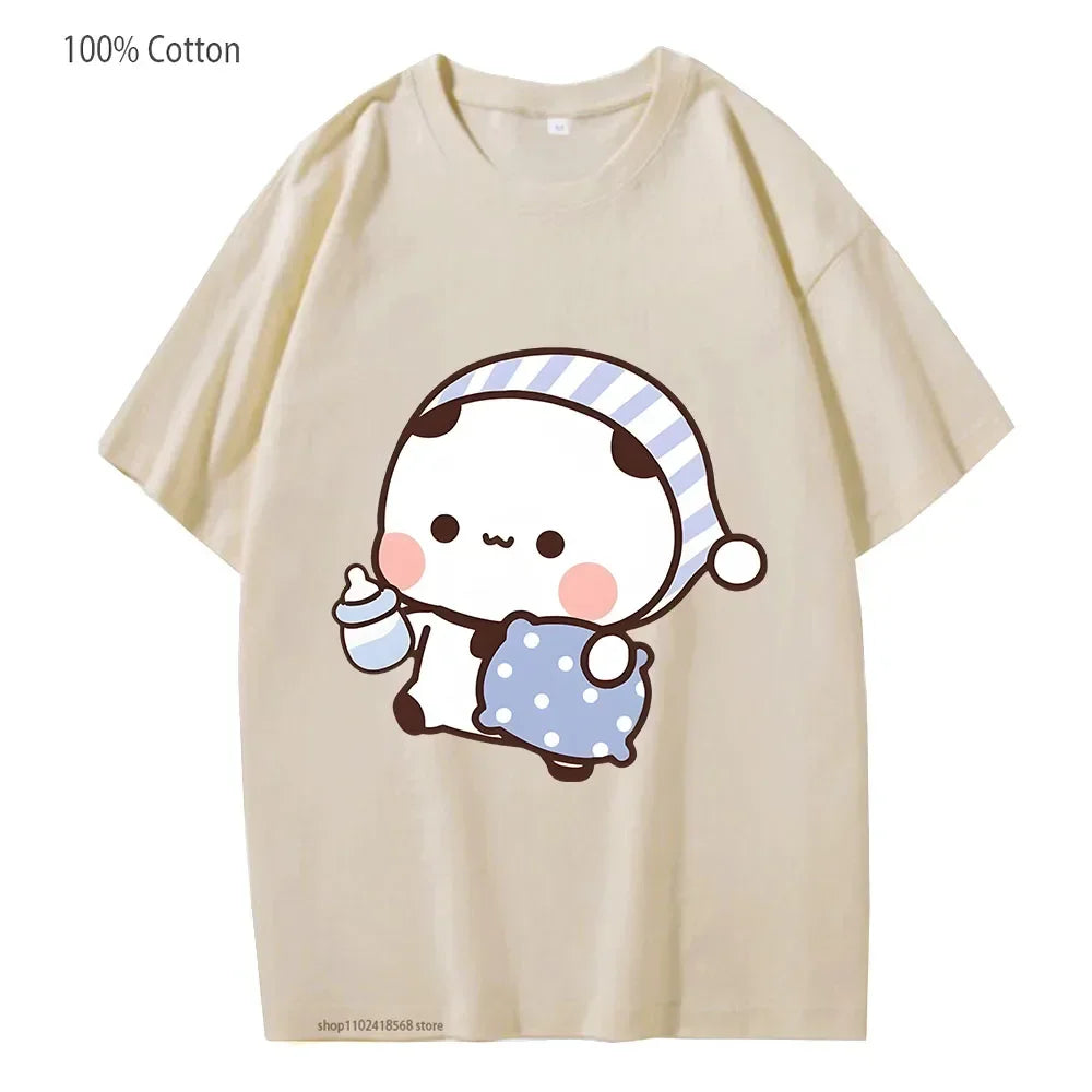Couple Shirts Kawaii Cute BuBu Panda Going To Sleep with DuDu Bear Graphic Tshirt Cotton Men Women Clothes Long Sleeve Tees Quick Pick Grocers