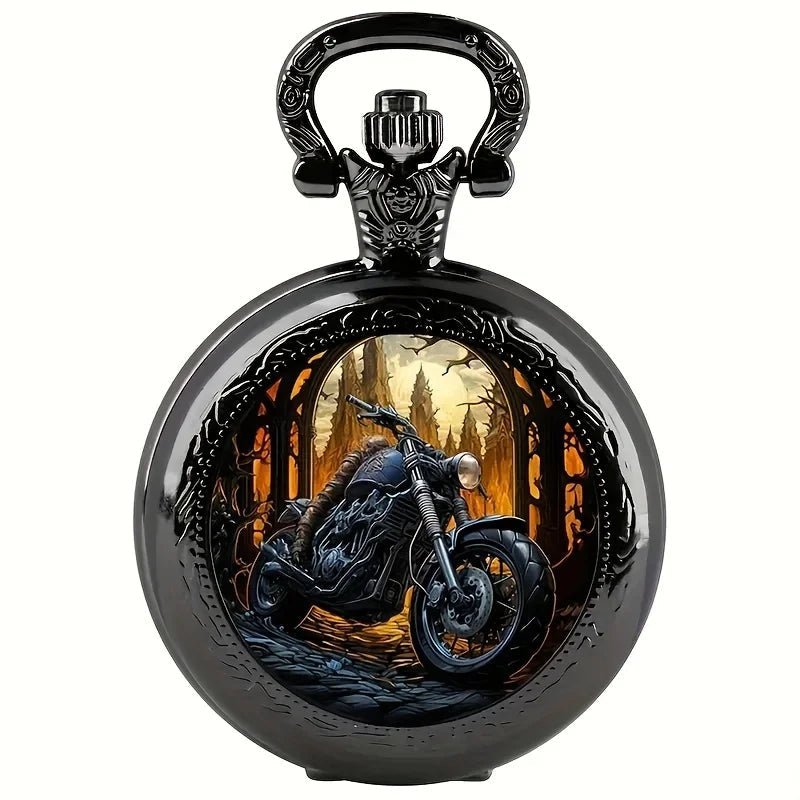 Vintage Black Motorcycle Quartz Pocket Watch, Necklace Pendant With World Time Feature,  Ideal Gift For Men & Women and Kids Quick Pick Grocers