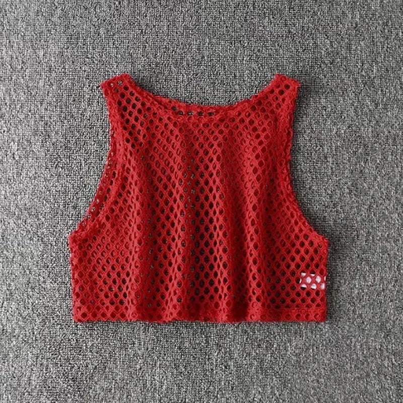 Sexy Black/Red Hollow Out Crop Top 2023 Mesh T-shirt Female Loose Fashion Summer Basic Tops For Women Fishnet Shirt Quick Pick Grocers