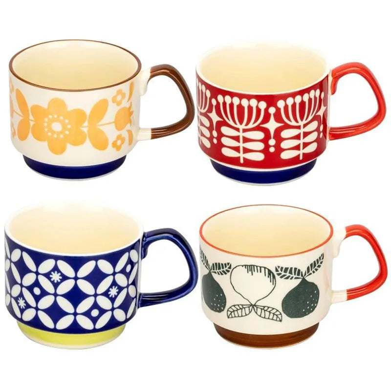 300ml Japanese Flower Coffee Mug Set Retro Ceramic Milk Oats Mug Office Water Handgrip Cup Kitchen Party Drinkware Set Quick Pick Grocers