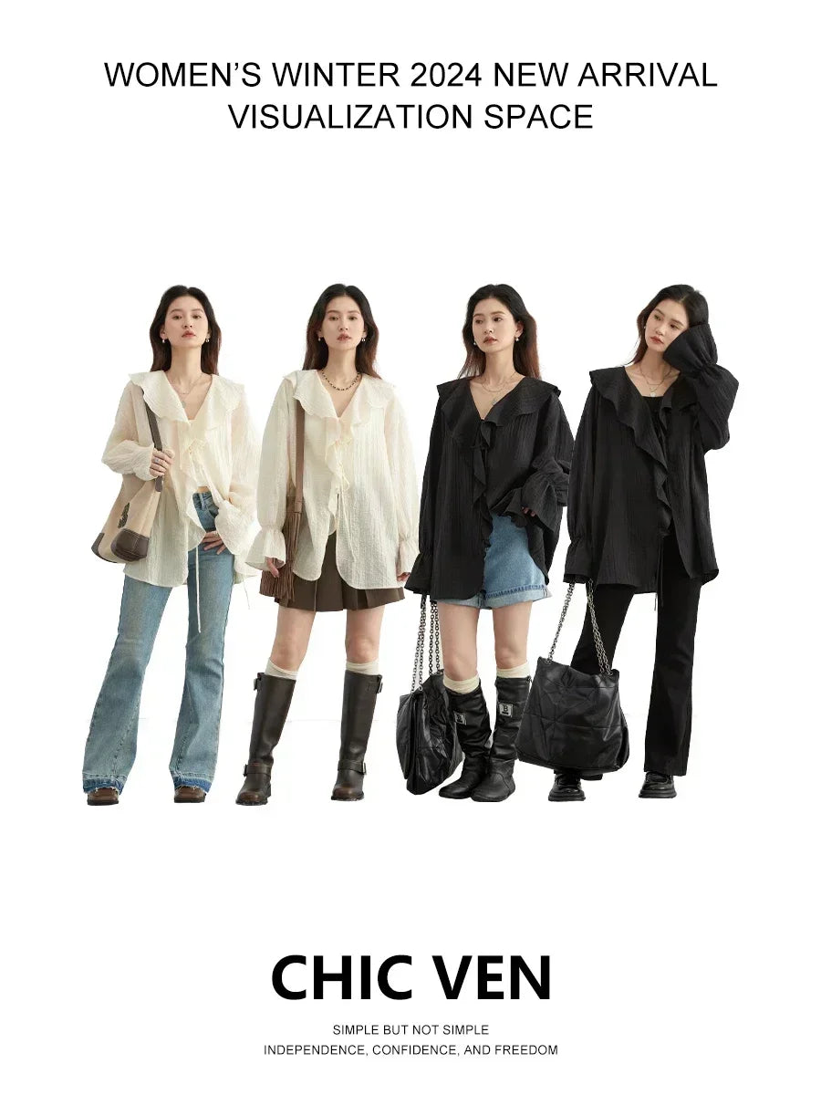 CHIC VEN Women Shirt Loose Casual Ruffled Edges Female Blouses Solid V Neck Lace Up Mid Length Ladies Shirts Spring Summer 2026 Quick Pick Grocers