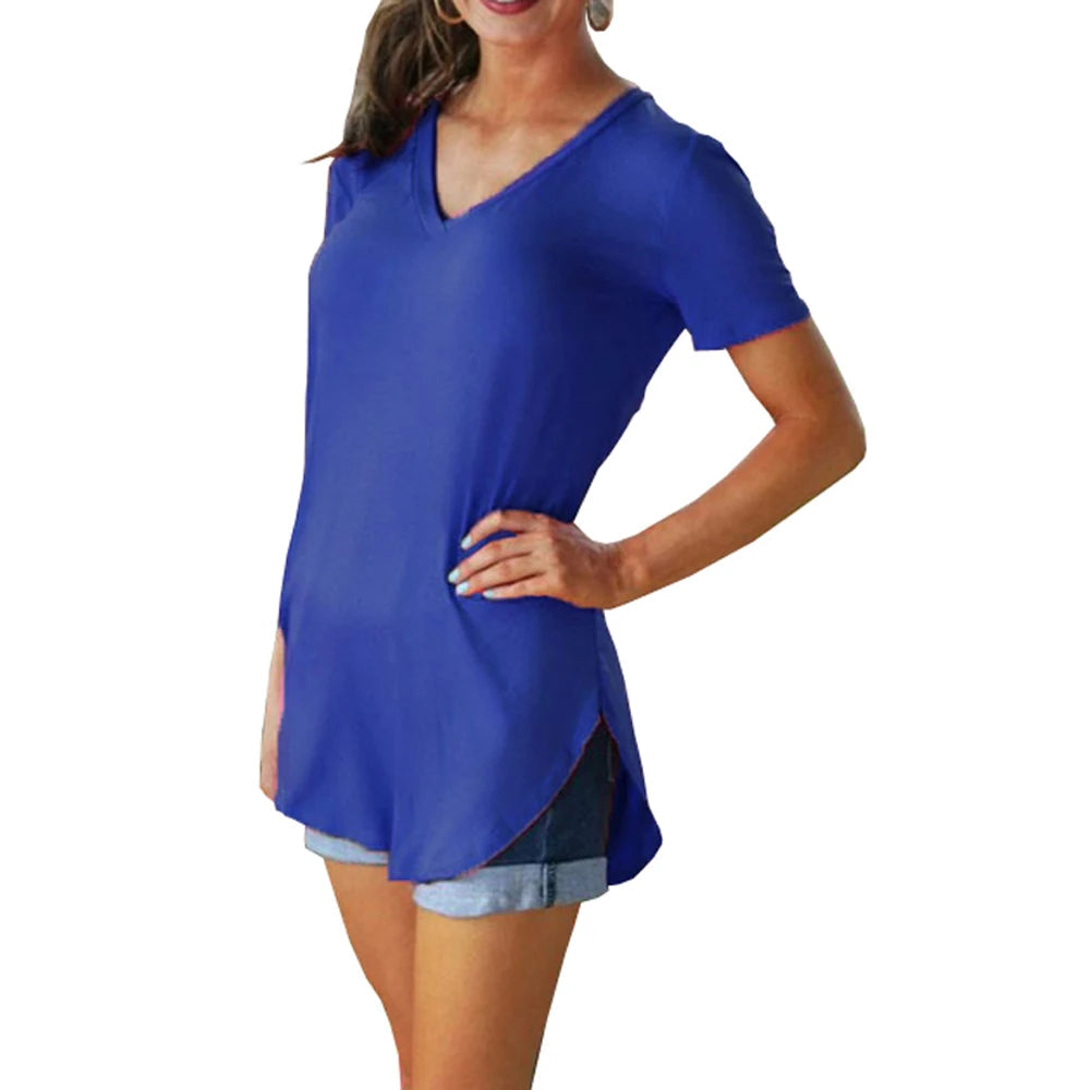 Summer solid color blouse V-neck short sleeve loose T-shirt hem arc women clothes Quick Pick Grocers