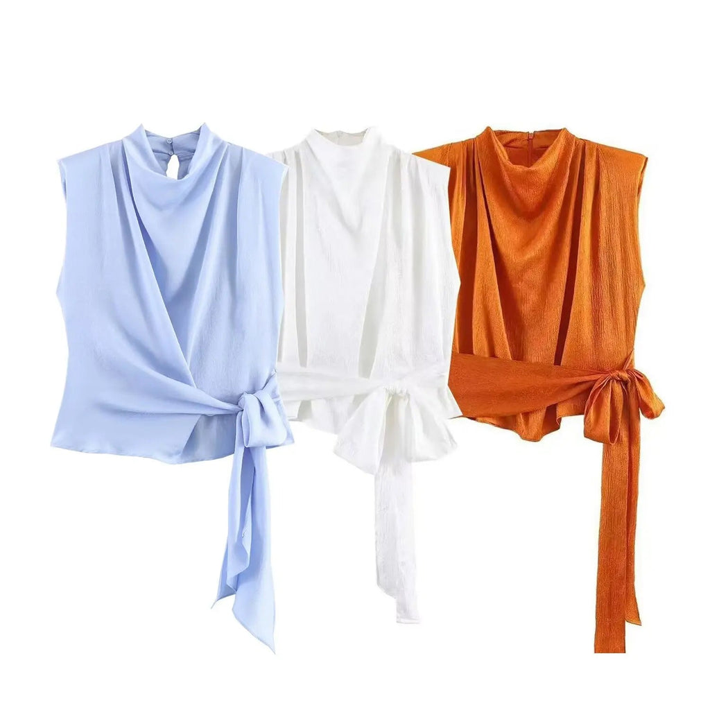 Women's Top 2026 Spring New Style Orange Sleeveless Satin Texture Long Ribbon Top Elegant and Stylish Unique Fashion Focus Quick Pick Grocers