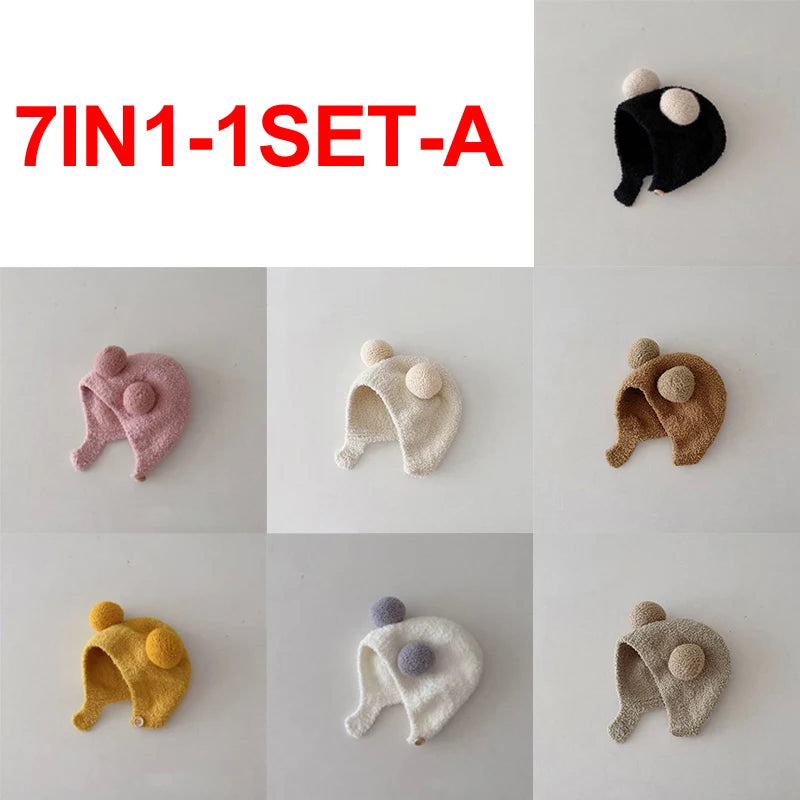 Cute Winter Warm Kids Girl Boys Baby Hats Fleece Wool Hemming Caps with Ball Solid Wool Ear Protection Hats Soft Newborn Bonnet Purest Peak