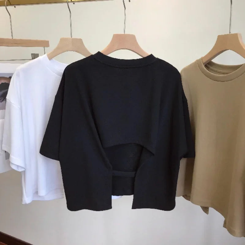 Summer New Ladies Casual Backless T-Shirt 2023 Korean Women Round Neck Loose Sweet Spicy Wind Short-Sleeved Crop Tops Quick Pick Grocers