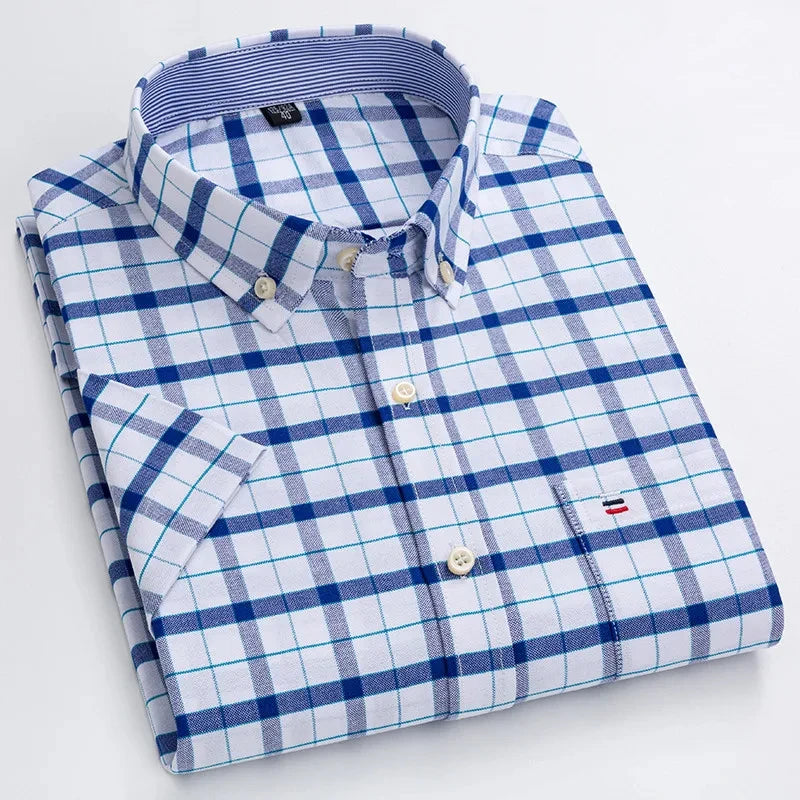 Men's high-quality Oxford cotton short sleeved shirt for summer comfort breathable classic solid color plaid business leisure Quick Pick Grocers