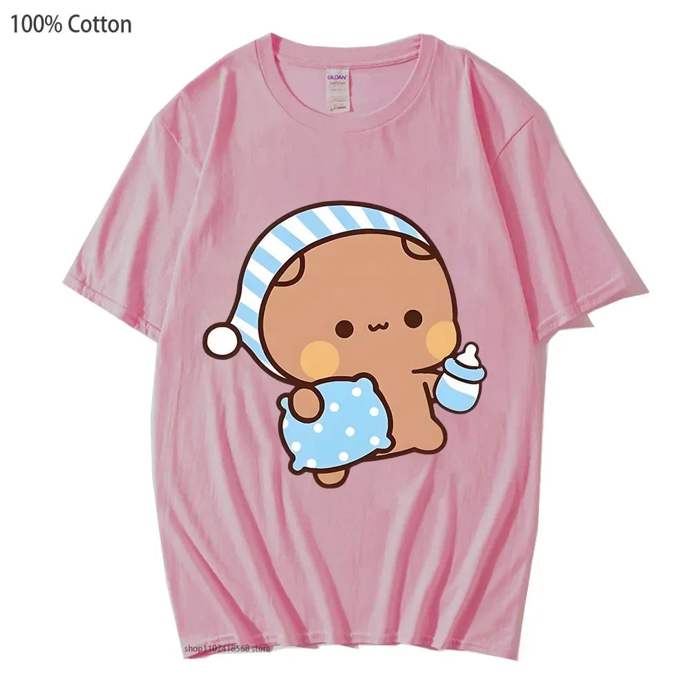 Couple Shirts Kawaii Cute BuBu Panda Going To Sleep with DuDu Bear Graphic Tshirt Cotton Men Women Clothes Long Sleeve Tees Quick Pick Grocers