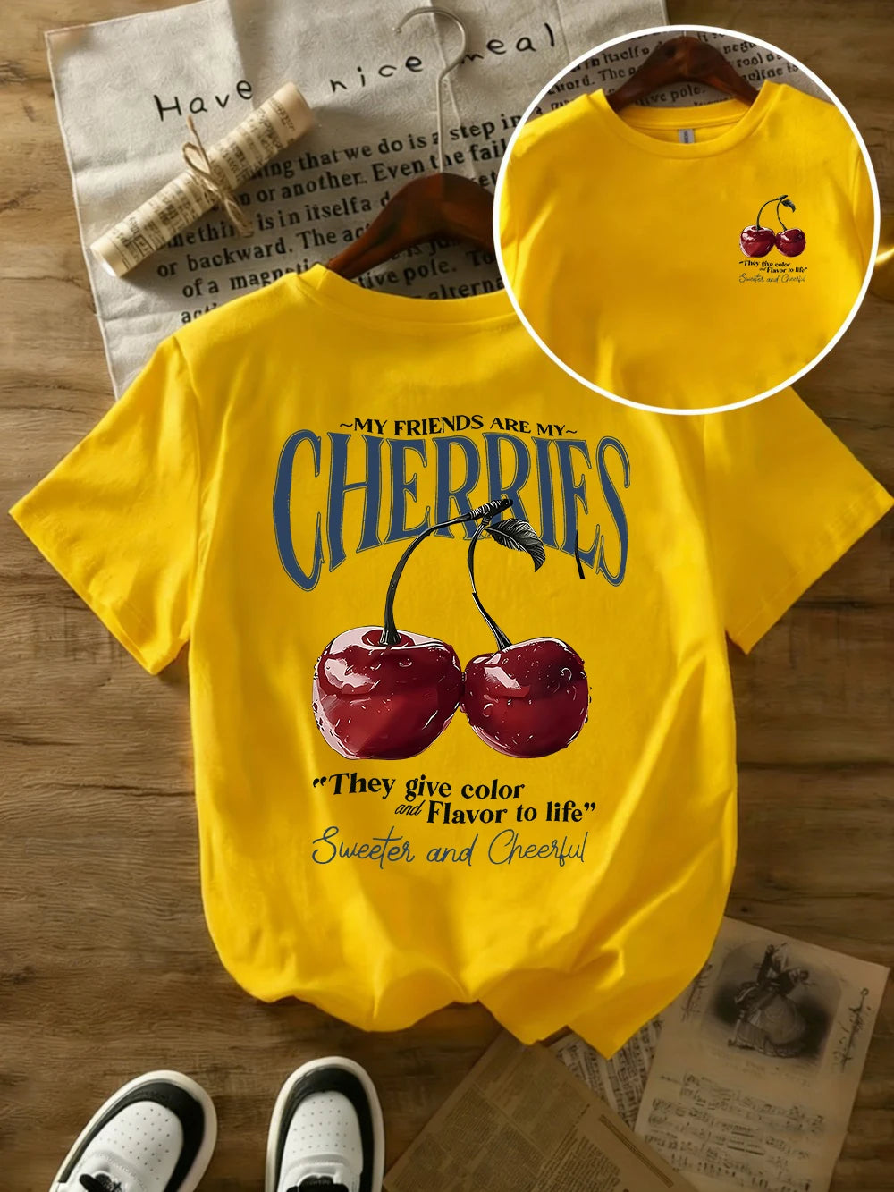 Summer Sweeter Cherries Prints T-Shirts Womens Cotton Oversized T Shirts Basic O-Neck Short Sleeve Tops Casual Woman Clothes Quick Pick Grocers