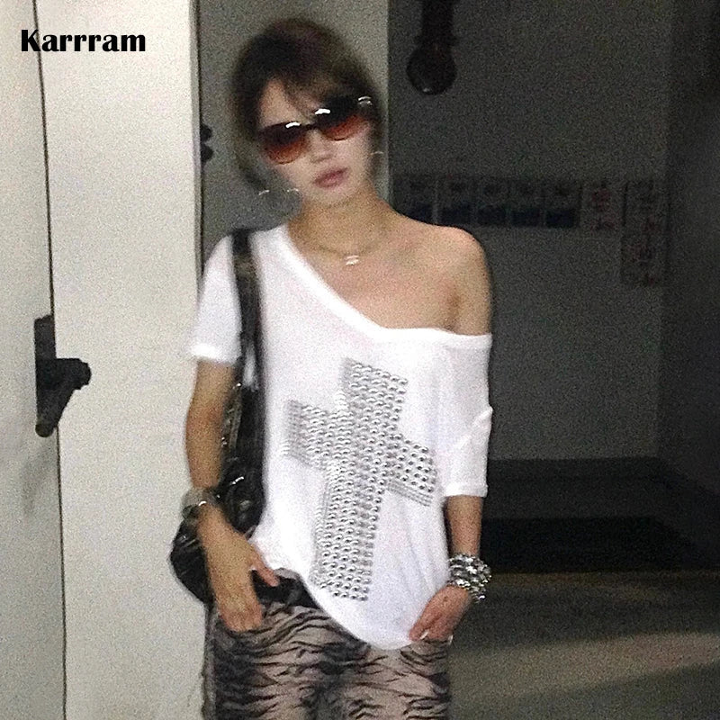 Karrram Japanese Y2k Metal Cross Print T-shirt Trashy 2000s V-neck Sheer Tops Vintage Harajuku Short Sleeve Streetwear Grunge Quick Pick Grocers