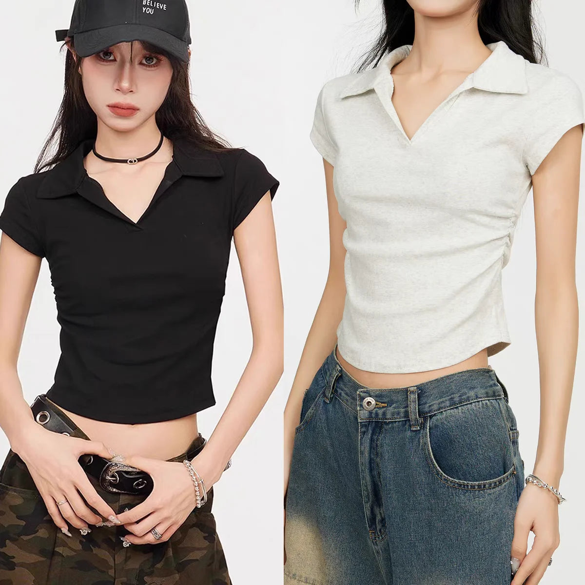 Cotton Summer Sexy Women's T Shirt Skinny Slim Basic Solid Crop Top Short Sleeve Polo TShirtCasual Top Tee for Women Quick Pick Grocers