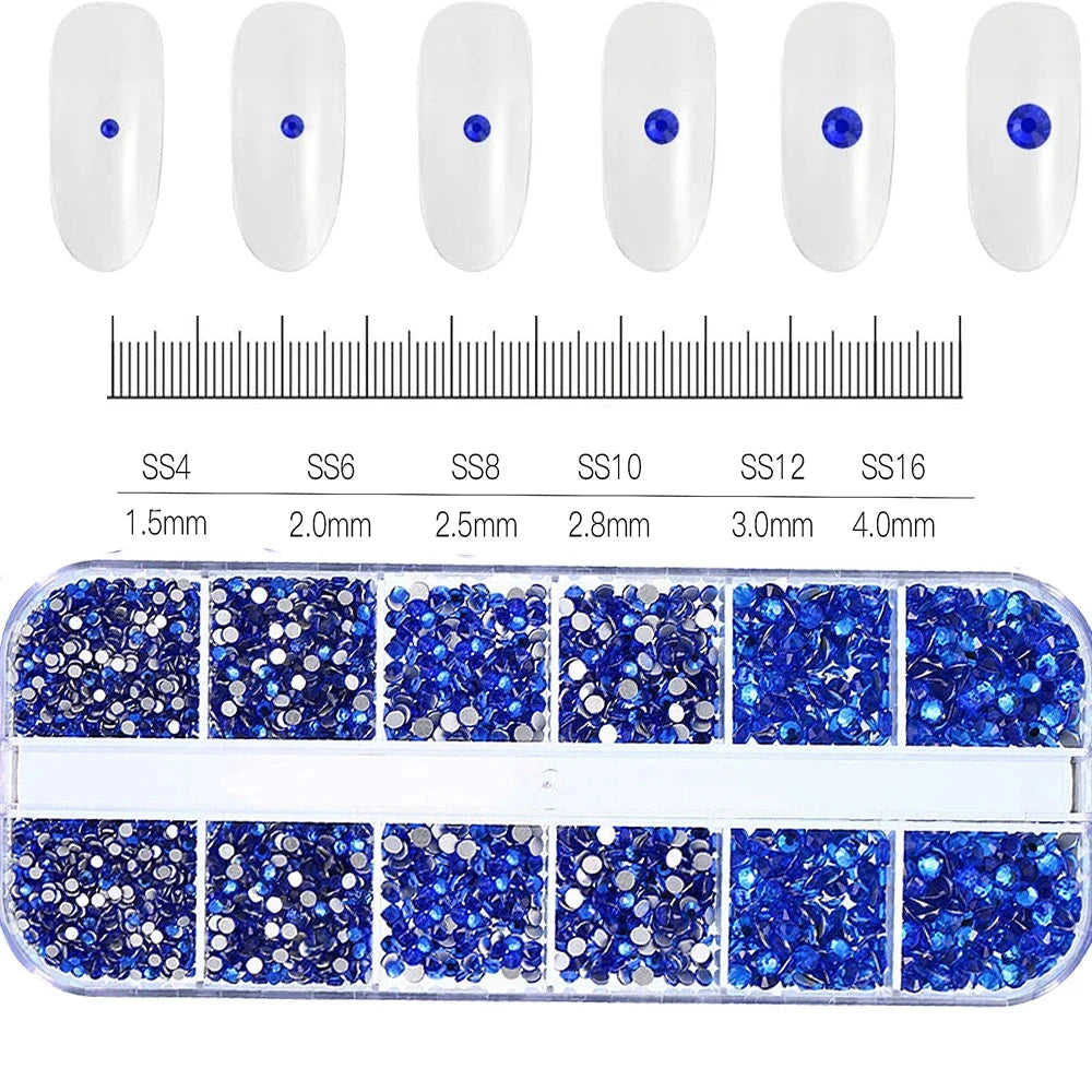 2400pcs+ Shiny Clear Crystal Gems Nail Rhinestones 1.5-4mm Mixed Round Glass Stone Flatback Nail Charms 12grids Nail Diamond DIY Econic Blanks