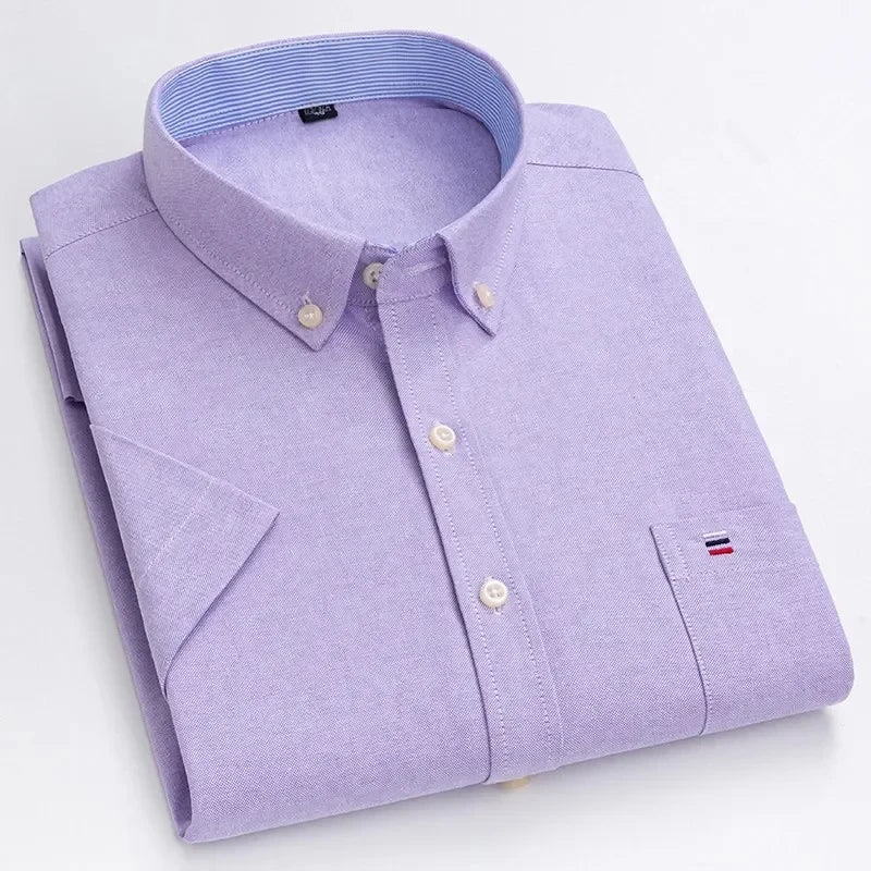 Men's high-quality Oxford cotton short sleeved shirt for summer comfort breathable classic solid color plaid business leisure Quick Pick Grocers