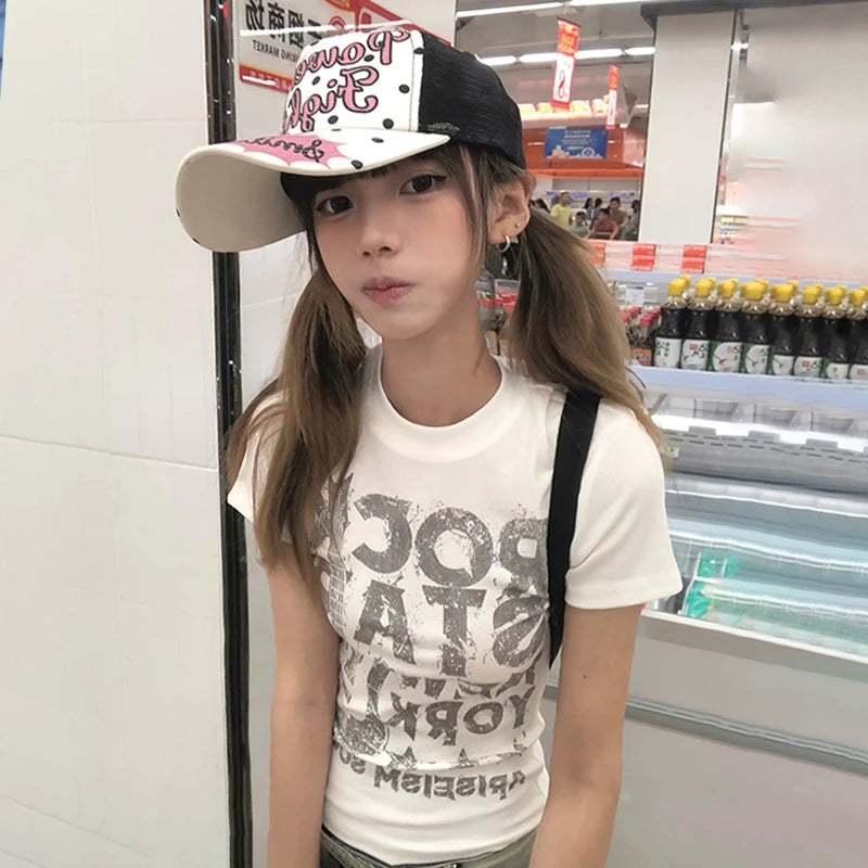 Karrram Japanese Y2k Letter Print T-shirt 2000s Style Short Sleeve Crop Top Vintage Harajuku Ribbed Tee Shirt American Retro 90s Quick Pick Grocers