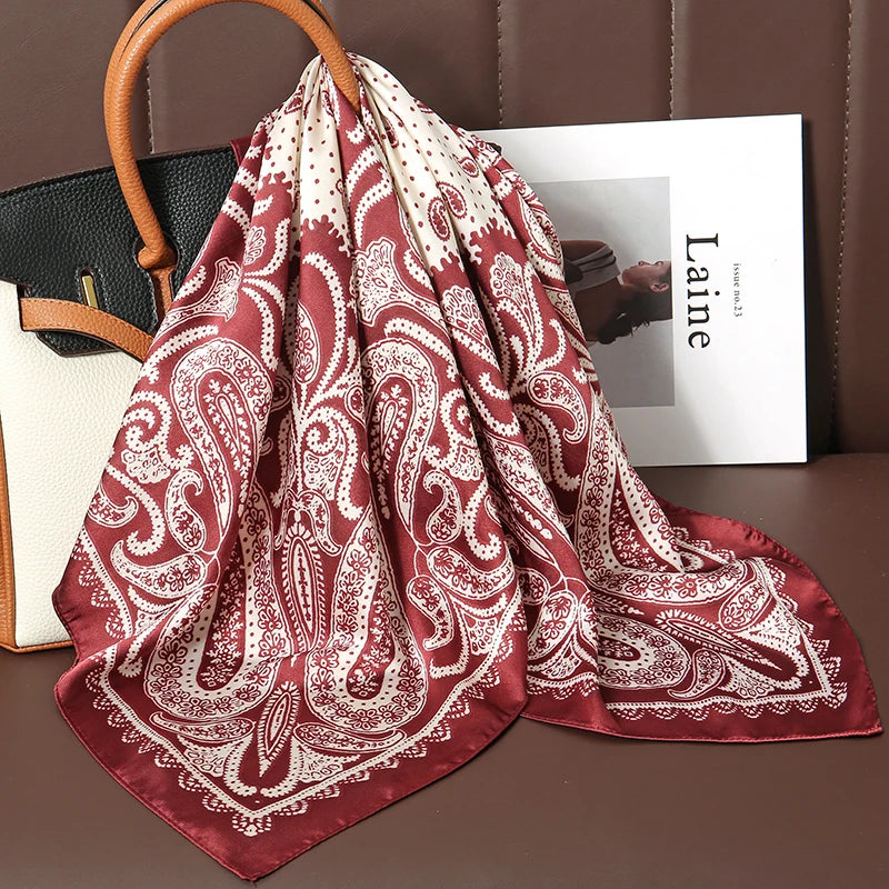 Bohemian Style Print Luxury Brand Silk Square Scarf Women Satin Shawls Neckerchief Wrap Scarves Bandana Hair Hjiab Floral Quick Pick Grocers