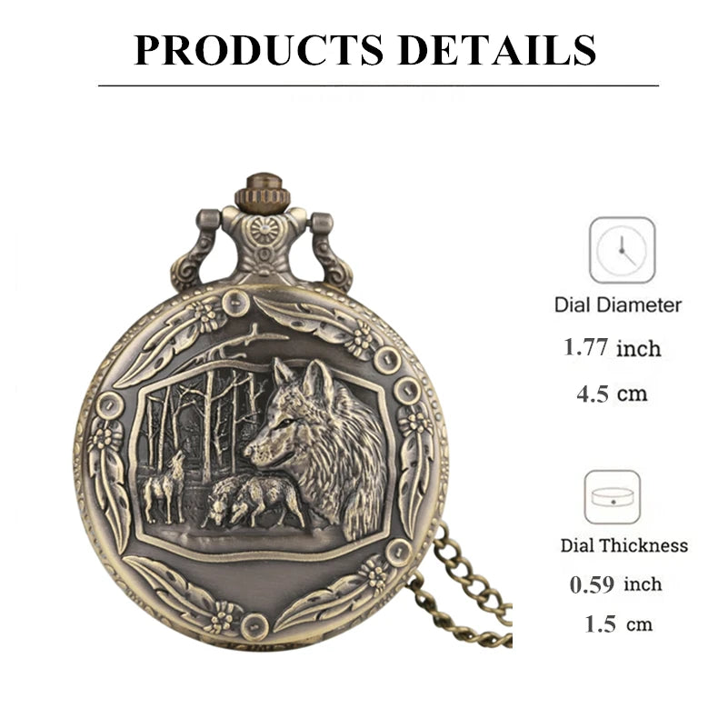 Vintage Bronze Wolf Animal Head Relief Quartz Pocket Watch with Necklace Chain Pendant Great Gift for Men's Kids Clock Watch Quick Pick Grocers
