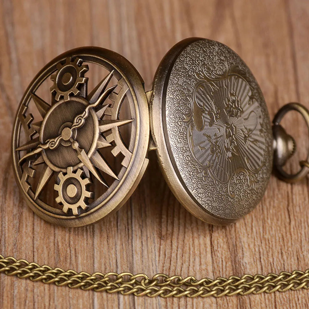 Exquisite Retro Bronze Steampunk Hollow Gear Design Quartz Pocket Watch with Necklace Chain Leisure Pendant Gift Men's Clock Quick Pick Grocers