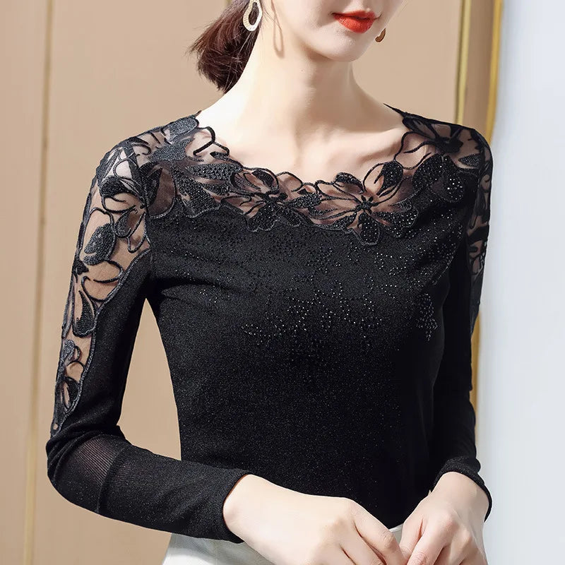 M-5XL Women T-Shirt 2026 New Lace Hollow Embroidery Mesh Tees Tops Fashion Casual Short Sleeve Hot Drilling Women's Shirt Quick Pick Grocers
