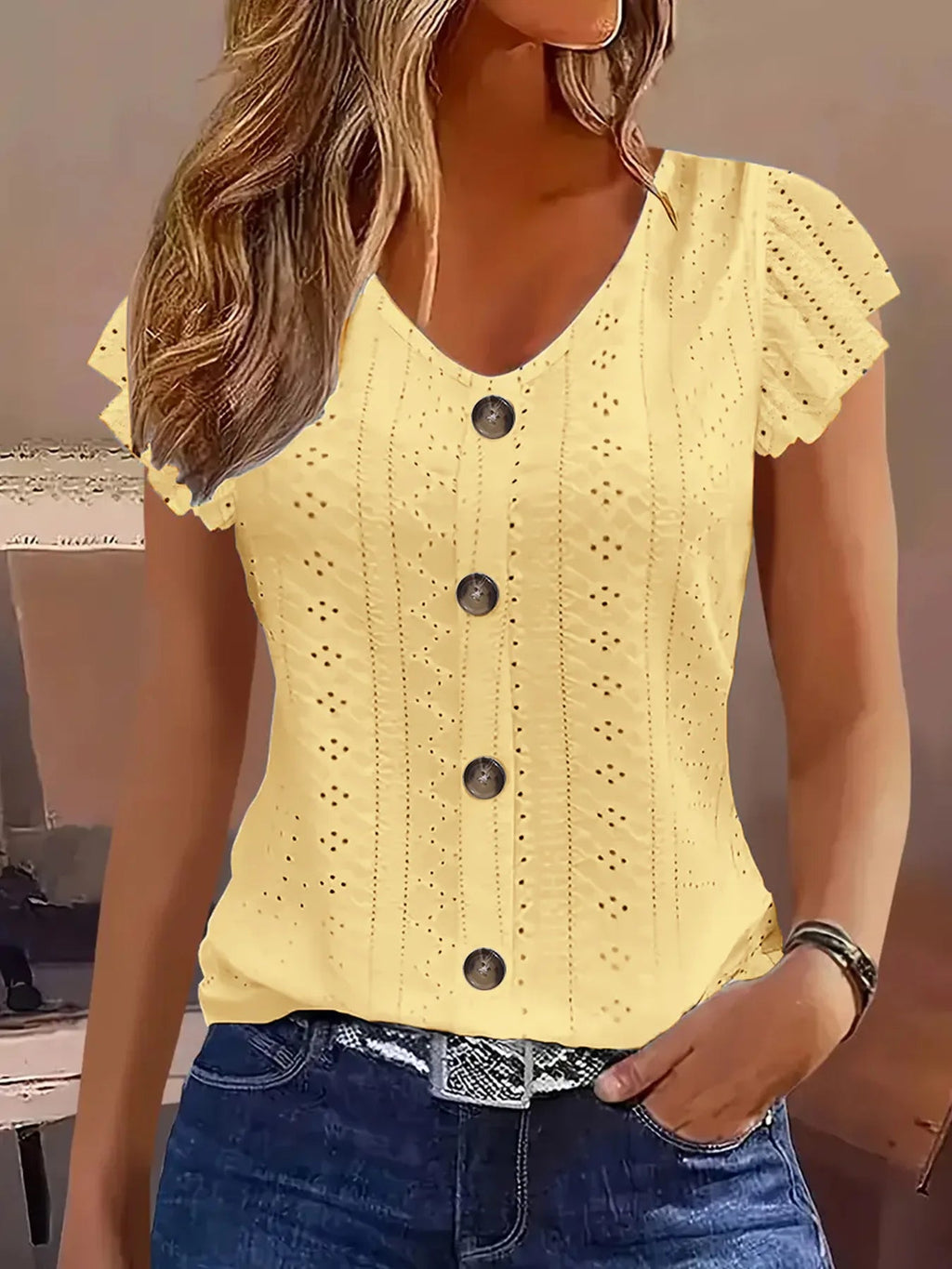 2025 Spring/Summer new women's fashion stylish commute casual solid color multi-color ruffle sleeve V-neck T-shirt Quick Pick Grocers