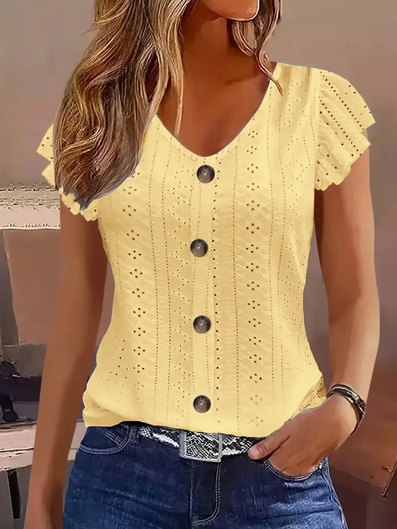 2025 Spring/Summer new women's fashion stylish commute casual solid color multi-color ruffle sleeve V-neck T-shirt Quick Pick Grocers
