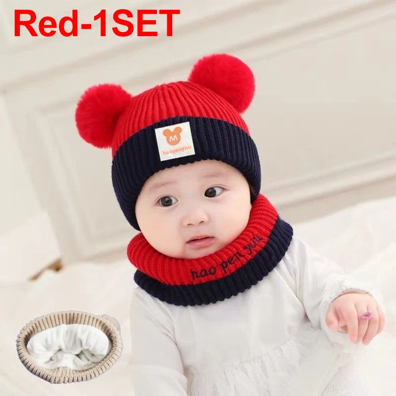 Cute Winter Warm Kids Girl Boys Baby Hats Fleece Wool Hemming Caps with Ball Solid Wool Ear Protection Hats Soft Newborn Bonnet Purest Peak