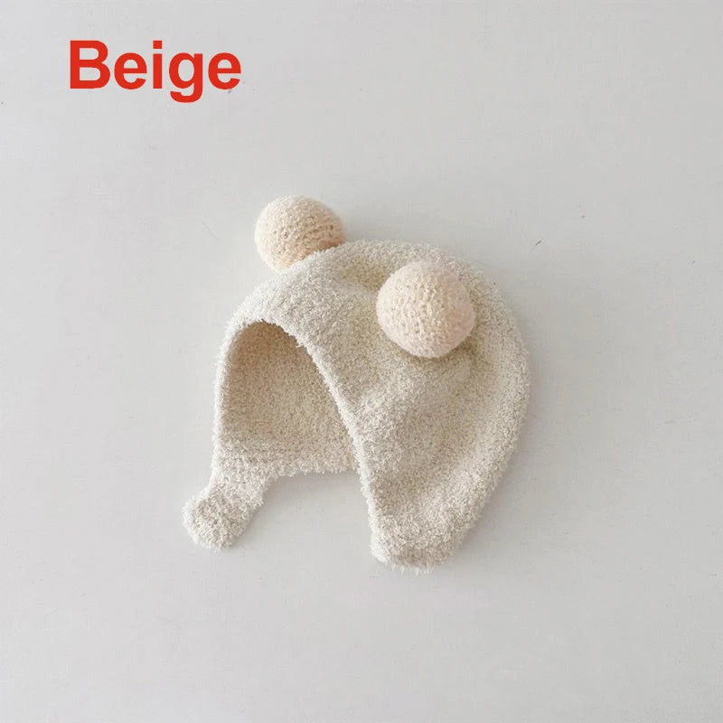Cute Winter Warm Kids Girl Boys Baby Hats Fleece Wool Hemming Caps with Ball Solid Wool Ear Protection Hats Soft Newborn Bonnet Purest Peak